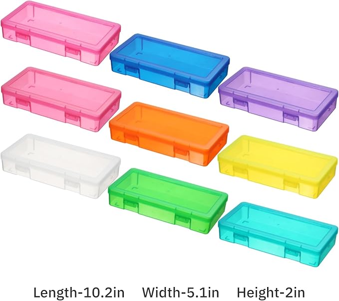 novelinks Clear Pencil Box and Small Plastic Storage Containers with Lids | 9 Pack, Medium Color, Plastic Pencil Boxes, Board Game Storage Containers, Task Boxes for Special Education, Mini Organizer