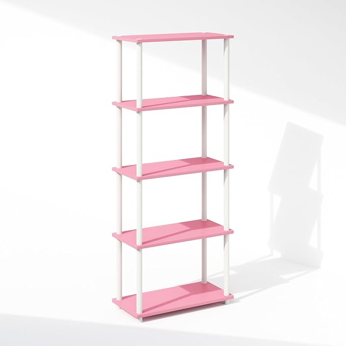 Furinno Turn-N-Tube Book Shelf, 5-Tier Bookshelf, Bookcase with Multipurpose Compact Display Rack, 11.6 x 23.6 x 57.4, for Living Room, Bedroom, Home Office, Pink/White