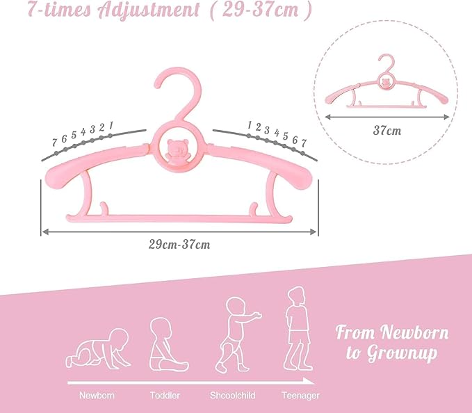 HGYZE Kid Hangers for Closet 50pcs, Pink Baby Clothes Hanger Plastic, 11-14" Adjustable Bulk Perchas for Newborn, Non-Slip Children Outfit Bear Hangar for Girl Boy Toddler Infant Nursery Clothing