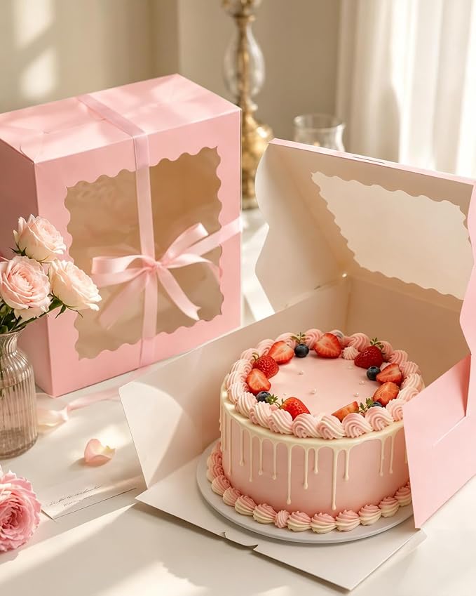 qiqee 10"x10"x5" Cake Box, 36 Sets Pink Cake Box with Window ＆ 36 Sets 10" Pink Cake Round Boards, for Cake, Treat Cookie Dessert, Pastry, Birthday Party, Weddings