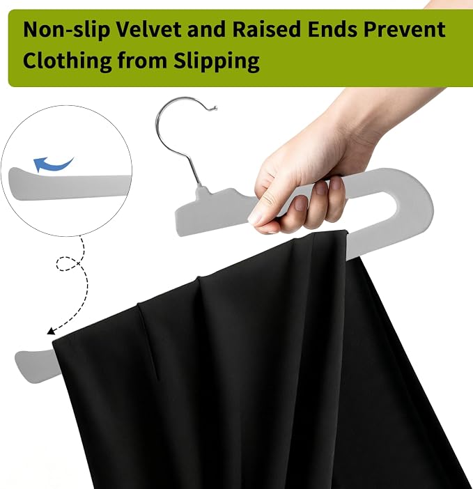 ManGotree Non Slip Velvet Pants Hangers, Open Ended Felt Jean Hangers for Closet Organizer, Heavy Duty Space Saving for Trousers, Slacks, Shorts, Dress, Scarf (20 Pack, Grey)