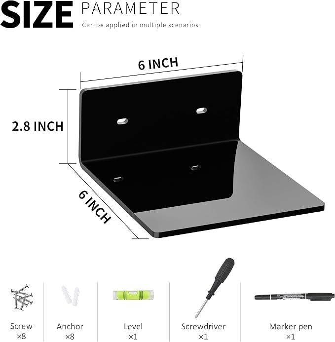 6 Inches Small Black Wall Shelves, Moisture-Proof, Space Saver, Wall Mounted Display Shelf Rack for Bedroom, Living Room, Kitchen, Dining Room, Bathroom, 4 Pack