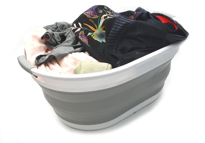 SAMMART 28L (7.4 gallon) Collapsible Plastic Laundry Basket-Oval Tub/Basket - Portable Washing Tub-Space Saving Laundry Hamper, Water capacity: 22L (5.8 gallon) (1, Grey)