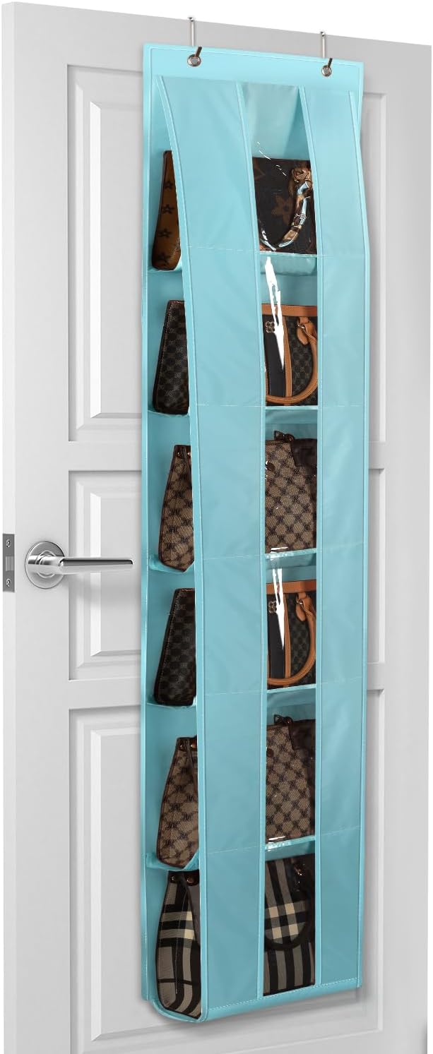 Lirex Over The Door Purse Organizer, Space-Saving Medium and Large Handbag Storage Organizer Clothing Closet Hanger, Light Blue
