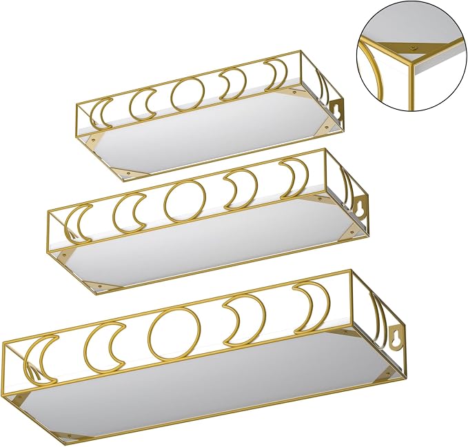 Moon Phase Wall Shelves White Gold, 3 Pack Small Floating Book Plant Shelves for Bedroom Kid Room, Decorative Storage Display Shelf for Crystal Figurine Collectibles
