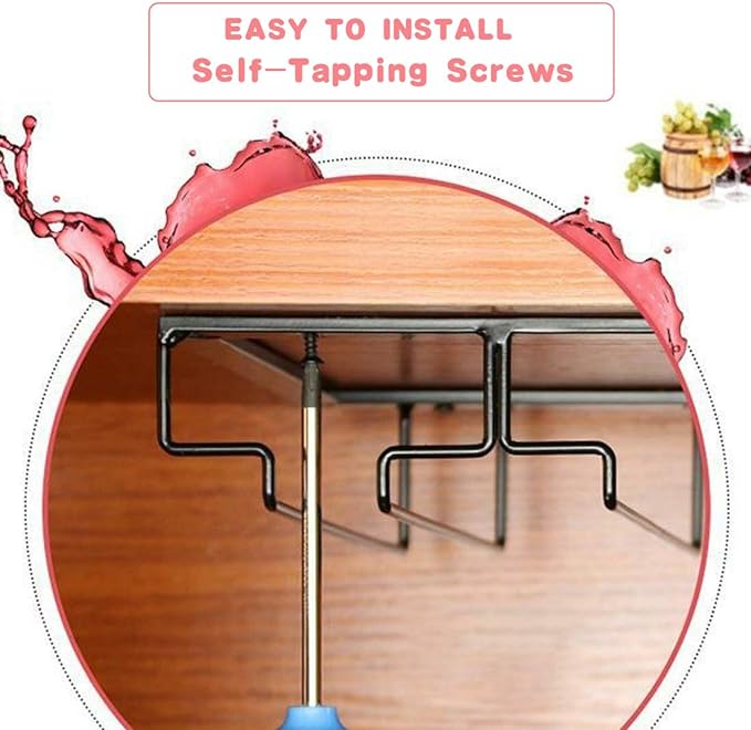 FOMANSH Wine Glass Rack - Under Cabinet Stemware Wine Glass Holder Glasses Storage Hanger 2 Pack Metal Organizer for Bar Kitchen Black