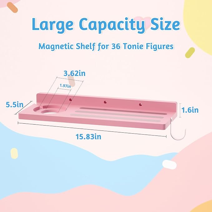 for Tonies Shelf Magnetic - 1 Tier Wooden Tonies Figure Organizer, Pink | Tonies Box Holder, Magnetic Display Shelf for Kids Room, Wall Floating Shelves Toy Storage Compatible Charging Station