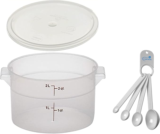 Lumintrail Cambro 2 Quart Round Food Storage Container, Translucent, with a Translucent Lid, Bundle with a Measuring Spoon Set