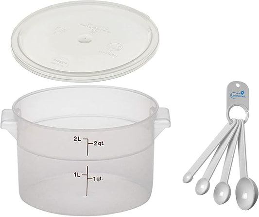 Lumintrail Cambro 2 Quart Round Food Storage Container, Translucent, with a Translucent Lid, Bundle with a Measuring Spoon Set