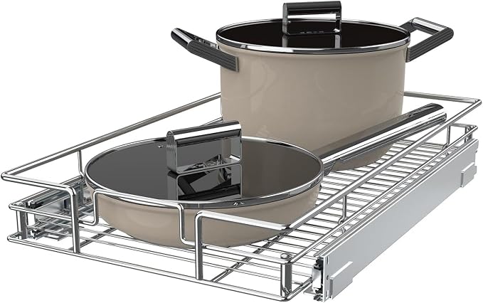 Pulloutor Pull Out Cabinet Organizer,Slide Out Kitchen Cabinet Storage Shelf and Drawer Organizer NEED 12" W and 22" D Cabinet, Chrome Finish (14 * 21 Metal)