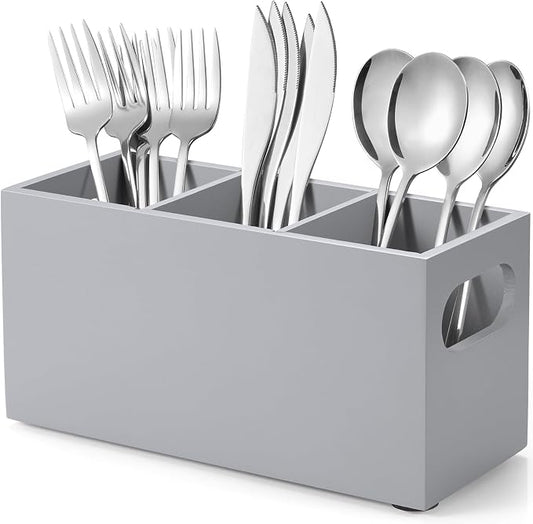 DRASTAR Wooden Silverware Caddy, Flatware Cutlery Holder, Kitchen Utensil Holder for Countertop, Silverware Organizer Containers for Party, Gray