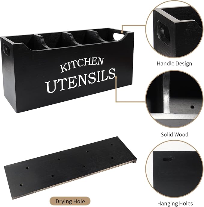 Utensil Holder for Kitchen Counter, Wood Extra Large 4 Compartments Kitchen Utensil Holder with Drainage Bottom for Countertop, Farmhouse Cooking Tools Organizer for Spatula, Black