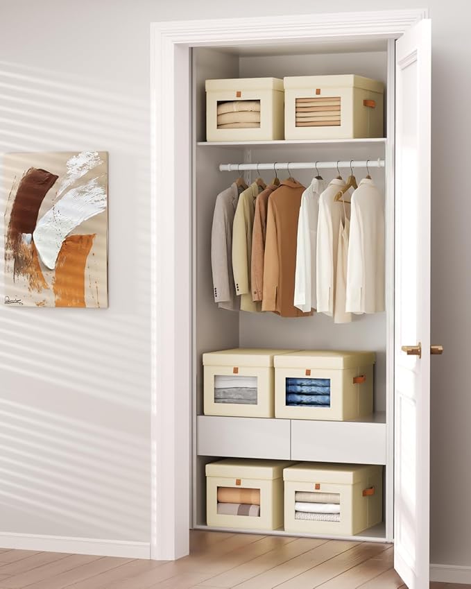Homsorout Storage Bins with Lid – Closet Organizer with Side Opening and Clear Window, Foldable Stackable Fabric Basket for Clothes, Home, Office - 13.77" x 11.8" x 9.8", 4 Pack, Beige