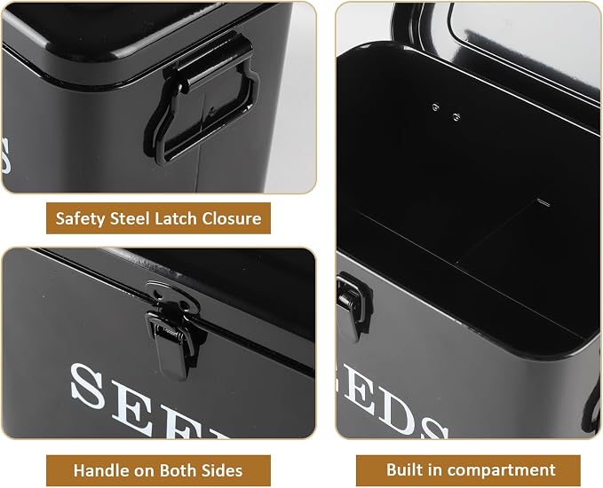 Seed Storage Organizer, T-Shape Compartment Seed Box with Safety Lock, Metal Seed Saving Box, Portable Seed Bin Container with Handle, Including 2 Pens 20 Plant Labels 50 Seed Envelopes-Black