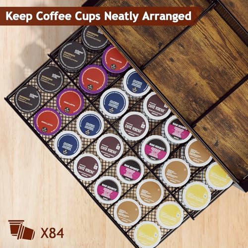 Homsorout Coffee Bar Organizer, Metal & Wood Coffee Station Holds 84 K Cup
