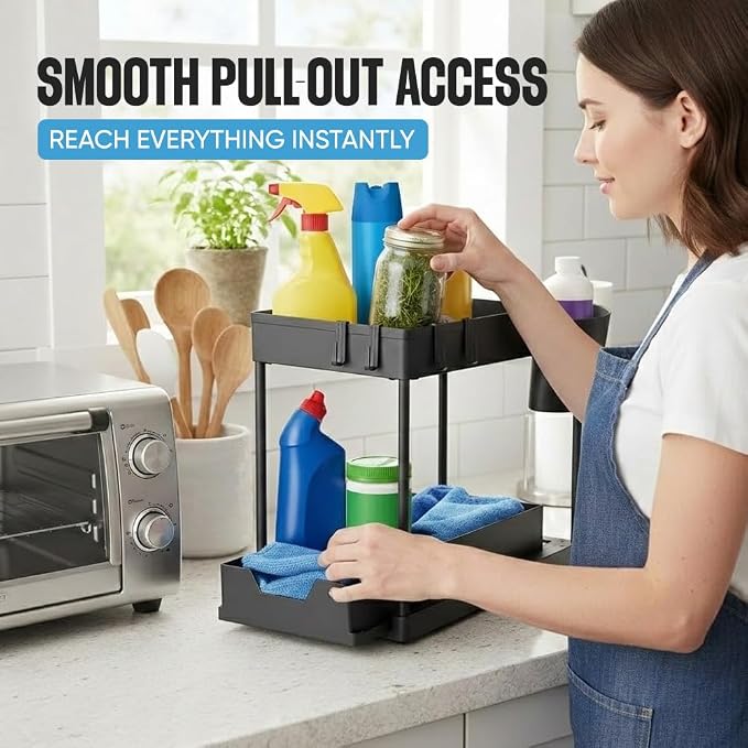 Undersink Organizer, 2-Tier Under Sink Storage Rack with Sliding Drawers for Kitchen Bathroom Cabinets, Pull Out Organizer for Pantry, Laundry Room & Closet Organization - 1 Pack, Black