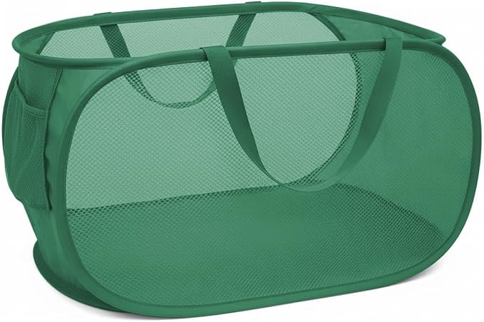 Pop Up Laundry Hamper,Collapsible Horizontal Baskets with Handles & Side Pocket,Foldable Sturdy mesh for Laundry Room,Bathroom,Kids Room,College Dorm Travel (Green)
