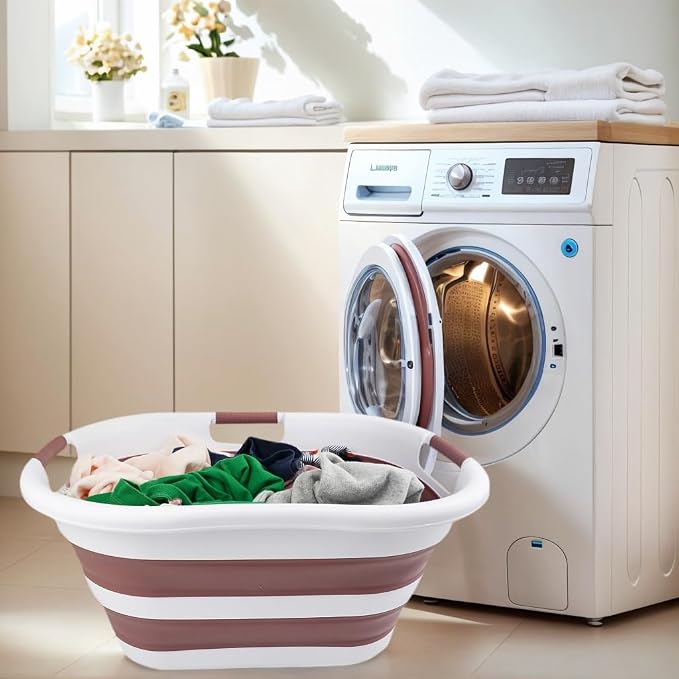 SAMMART 40L (10.5 gallon) Collapsible Plastic Laundry Basket - Foldable Pop Up Storage Container/Organizer - Portable Washing Tub - Space Saving Hamper/Basket (1, White/Dusky Pink)