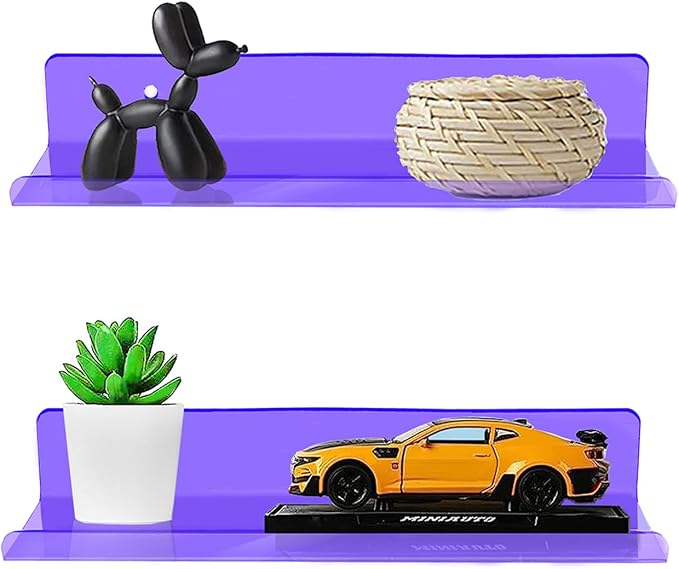 ROYALITA 2-Pack Small Acrylic Shelves Wall Mounted, 12 in Display Shelves | for Small Items, Plants, Room Decor Floating Wall Shelves for Gaming Room, Bedroom, Living Room, Office, Purple