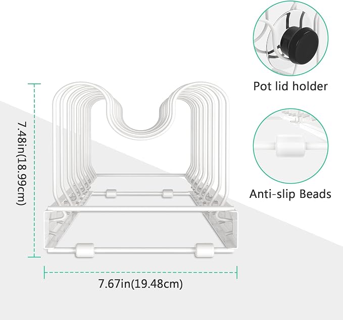 Puricon Pots and Pans Organizer Under Cabinet, Expandable Pot Rack with 10 Dividers, Lid Organizers Inside Cabinet, Cutting Board/Cookware/Bakeware/Baking Storage Holder for Kitchen -White