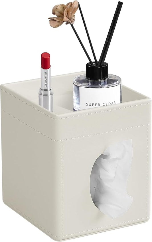 Tissue Box Cover, PU Leather Square Tissue Box Holder with Storage Tray for Bathroom Vanity Countertop Night Stands Bedroom Office Desk, Stylish Tissue Holder Decorative Organizer (Cream)