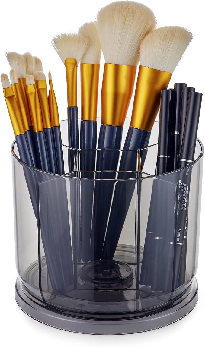 Makeup Brush Holder Organizer, Rotating Makeup Organizer for Vanity | Rotating 360° Clear Storage Cup Containers, Spinning Pen Holder for Desk, Round Make up Brush Stand with 5 Slots (Grey)