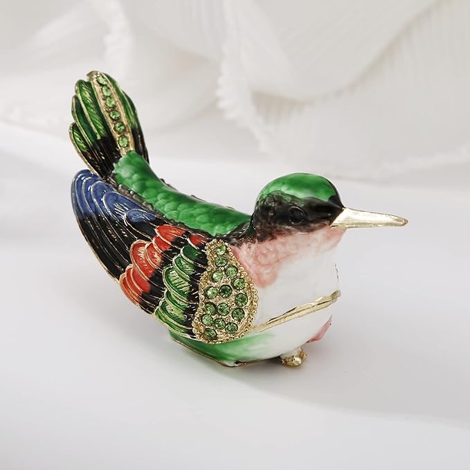 Hand Painted Enamel Hummingbird Trinket Box for Home Decor, Hinged Jewelry Organizer for Ring Earrings, Unique Figurine Keepsake Collectible Personalized Handmade Ornament Gifts (Green Hummingbird-2)