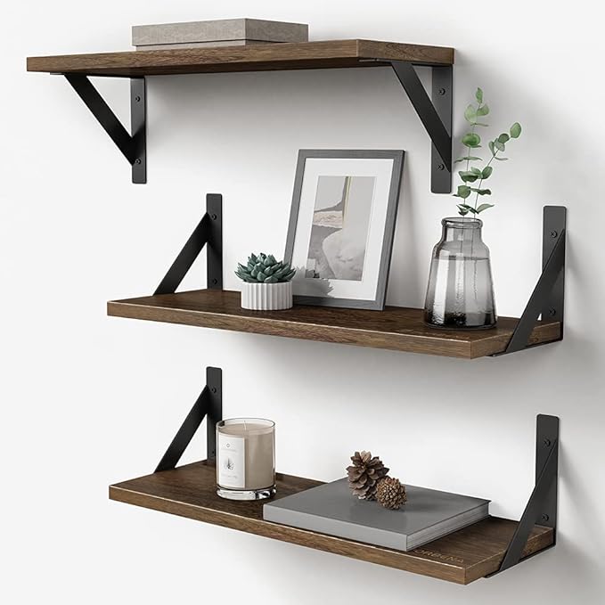 Forbena Rustic Floating Book Shelves for Wall Set of 3, 17 Inch Wood Wall Bookshelf for Bedroom, Wooden Wall Mounted Hanging Shelf for Office Living Room Bathroom Decor Pictures Books (Dark Brown)