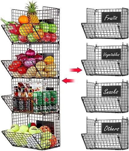 X-cosrack Metal Wire Basket Wall Mount, 4 Tier Extra Large Wall Storage Basket Organizer with Chalkboards, Kitchen Fruit