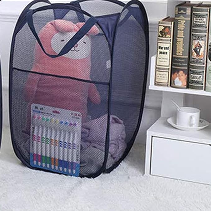 2 Pack Pop Up Laundry Hampers, Collapsible Mesh Laundry Basket, Foldable Clothes Hampers for Bathroom, College Dorm, Travel (Navy Blue)