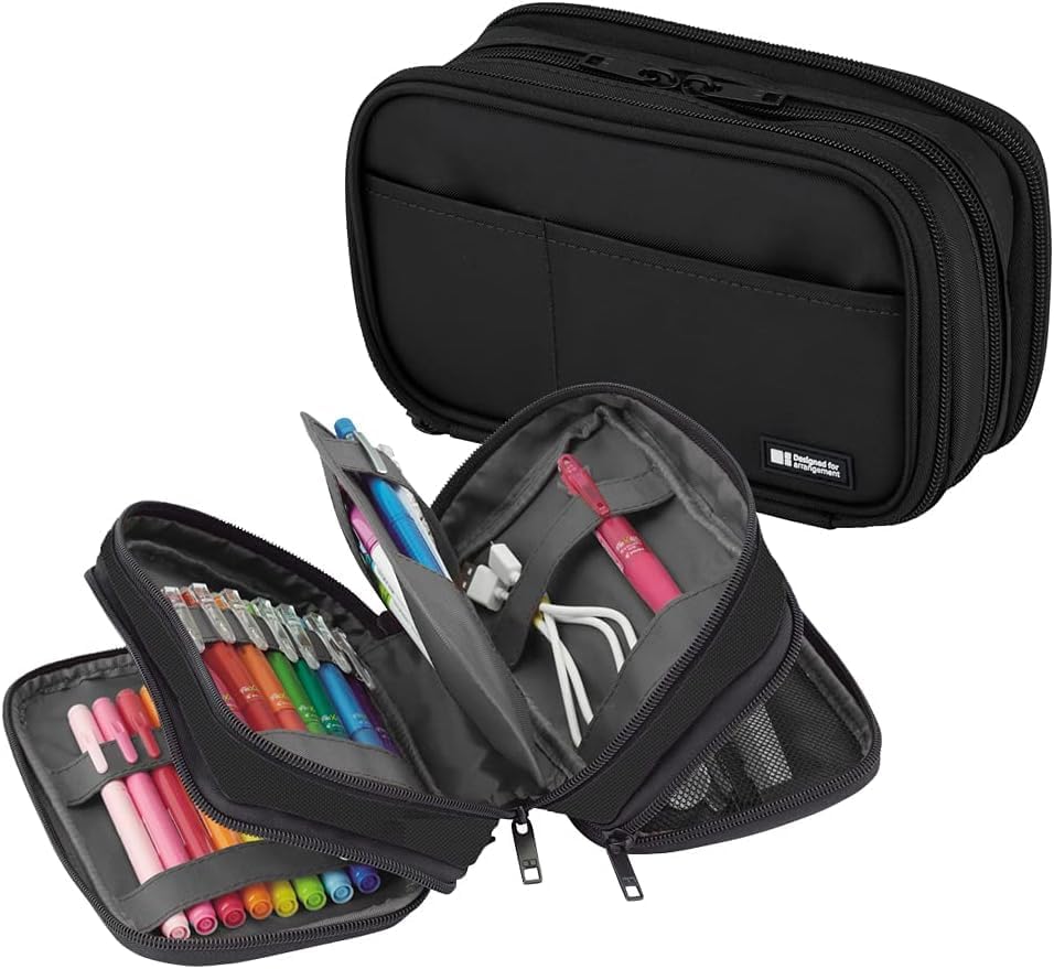 LIHIT LAB Large Capacity Triple Zipper Pencil Case For School Office College, Big Capacity 8 Compartments Pencil Bag Holder Adults Teen Boys Girls, Travel Cosmetics Storage, Jet Black (A7556-124)