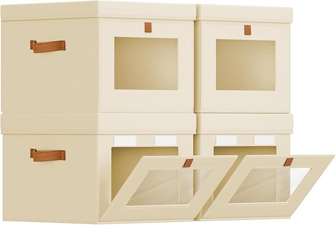 Homsorout Storage Bins with Lid – Closet Organizer with Side Opening and Clear Window, Foldable Stackable Fabric Basket for Clothes, Home, Office - 13.77" x 11.8" x 9.8", 4 Pack, Beige