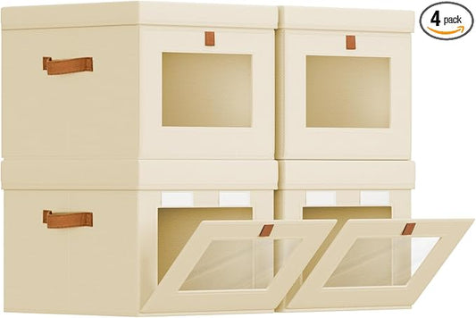 Homsorout Storage Bins with Lid – Closet Organizer with Side Opening and Clear Window, Foldable Stackable Fabric Basket for Clothes, Home, Office - 13.77" x 11.8" x 9.8", 4 Pack, Beige