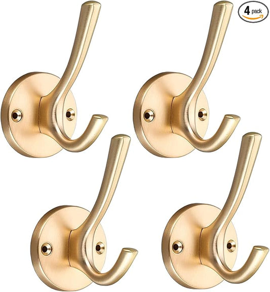 Wall Hooks 4 Pcs Towel Hook Coat Hooks Heavy Duty Thick Bath Robe Hooks Wall Mount Hooks for Bathroom Kitchen Hotel Bearing 25kg (Gold)