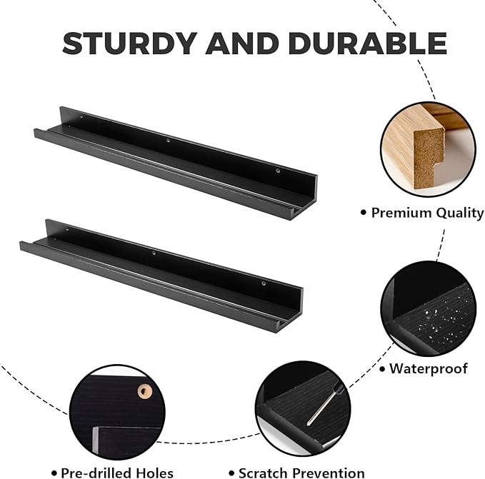 Muzilife 35.4" Large Floating Shelves Wood Wall Shelf with Lip, 2Pcs, Black | FSC-Certified Wood | 20 lbs Capacity | Space-Saving | Hanging Shelf | Wall Decor| Bedroom,Living Room,Bathroom,Kitchen,Office