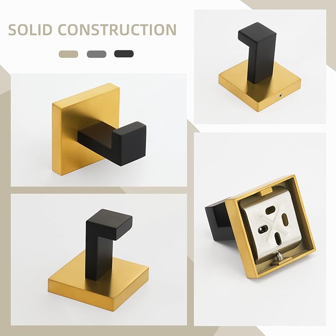 Angle Simple Towel Hook Black & Gold, 304 Stainless Steel Square Robe Bathroom Hook for Wall