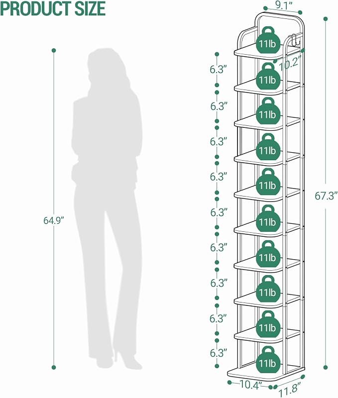 Hzuaneri Vertical Shoe Rack, Shoe Shelves, Wood Shoe Organizer for Closet, Entryway, Shoe Tower for Small Spaces, Free Standing, Adjustable, with 2 Hooks, 10 Tier Black SR11204B