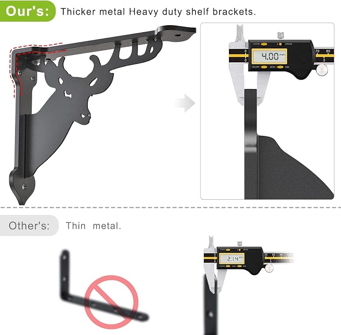 SELEWARE Heavy Duty Shelf Brackets 10 Inch, Deer Shelves Brackets, 300LB Capacity Decorative Metal L Brackets for Floating Shelves, Black Rustic Wall Mount Shelving Bracket with Screws, 4 Pack