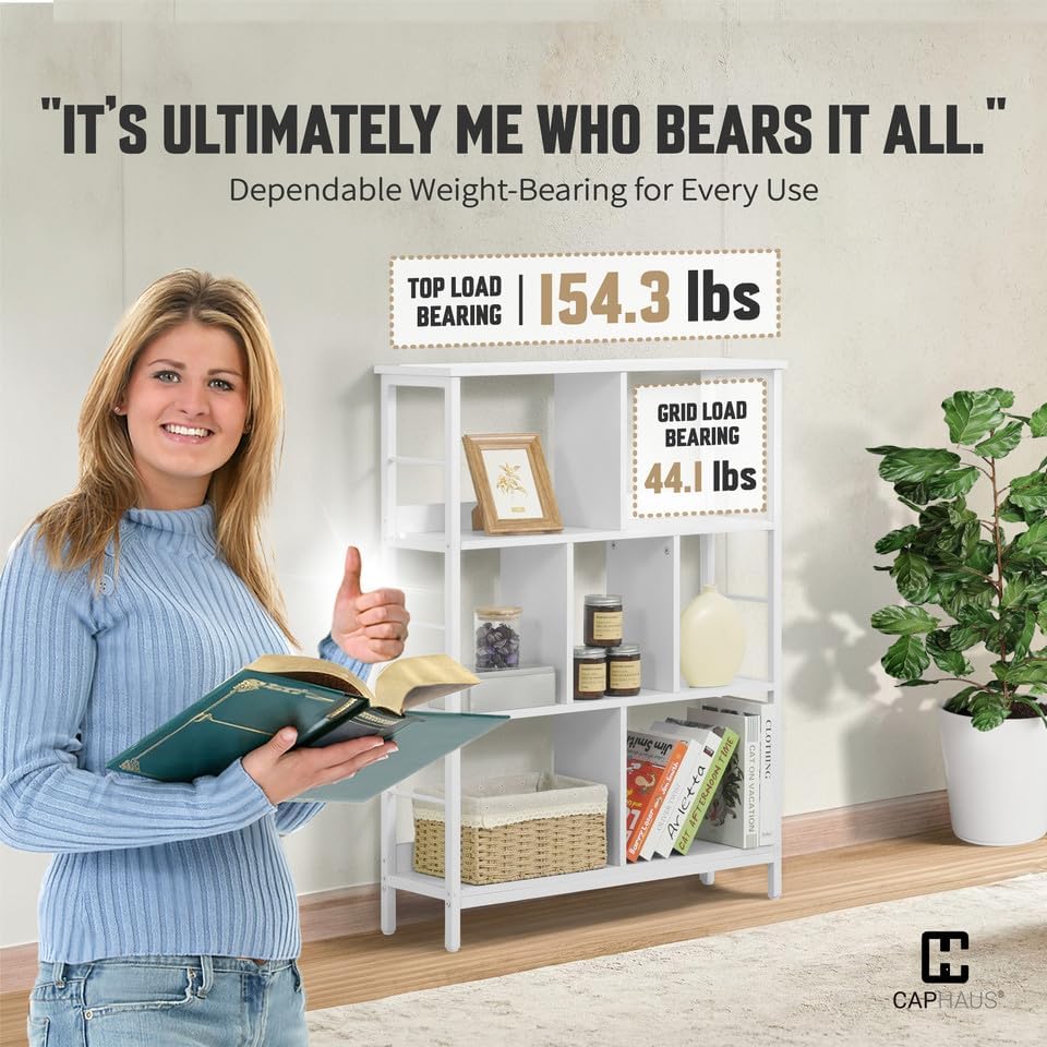 CAPHAUS 7 Cube Storage Organizer, 32” Wide 3 Tier White Industrial Open Shelf Bookcase, Display Shelf, Horizontal Booksh