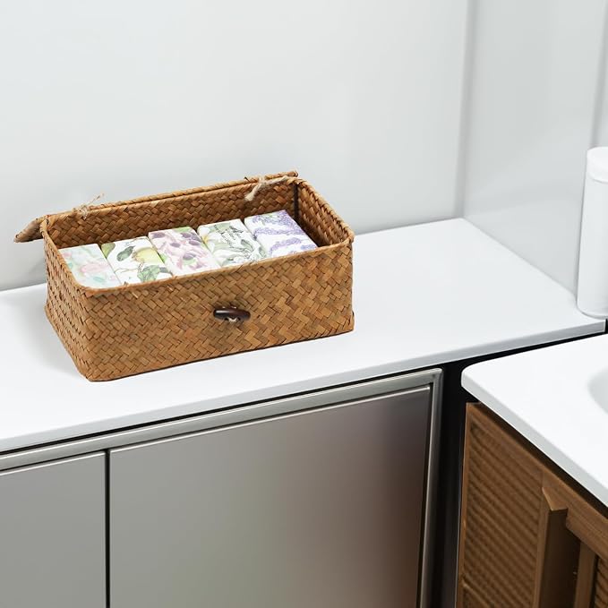Wicker Storage Basket with Lid, Natural Seagrass Storage Baskets for Organizing, Rectangular Woven Basket for Storage, Decorative Boxes Bins with Lids Home Organizer Decor