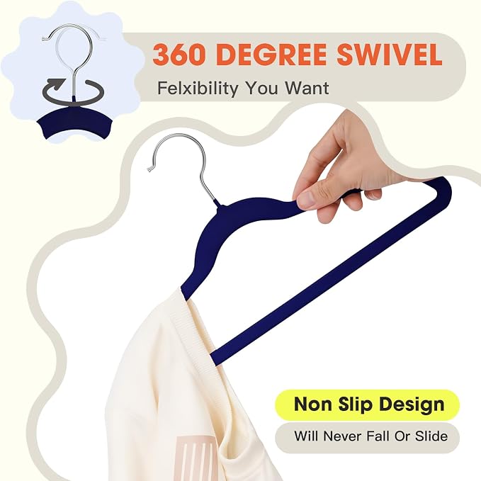 Kids Hangers 50 Pack,14 Inch Kids Velvet Hangers Slim & Space-Saving,Baby Clothes Hangers with 360 Swivel Hook,Heavy Duty Hanger for Infant & Childrens Coats, Pants,and Dress (Dark Blue)