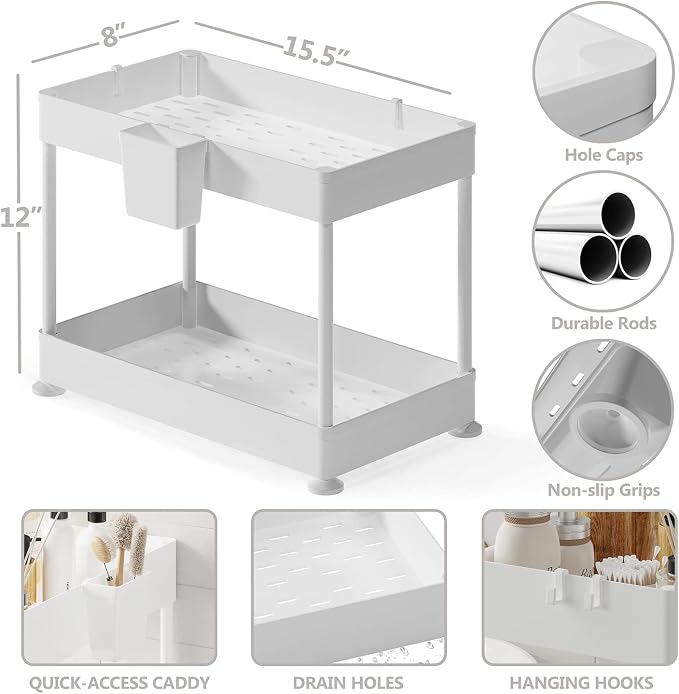 Under Sink Organizers and Storage | Bathroom Cabinet Organizer, Sink Shelf with Utility Hooks and Side Caddy for Under Cabinet Storage | White (1-Pack) Non Slip Grip Under Kitchen Sink Organizer