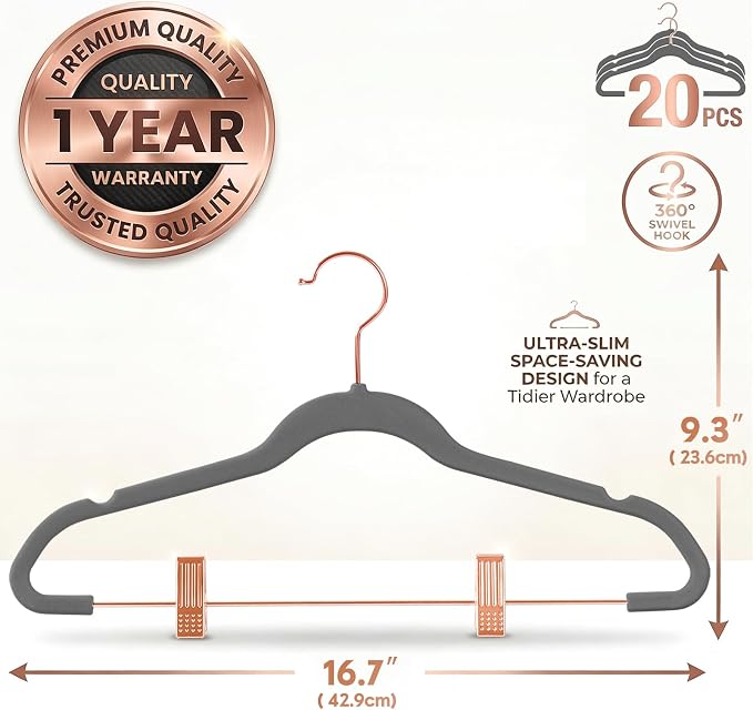 MIZGI Premium Velvet Pants Hangers with Clips (Pack of 20) Slim Skirt Hangers- Non Slip Felt Outfit Dress Hangers Gray - Copper/Rose Gold Hooks,Space Saving Shirt Clothes Hangers