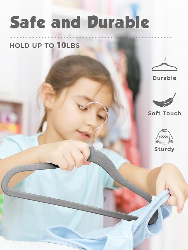 Smartor Kids Velvet Hangers 50 Pack, 14 Inch Premium Non Slip Kids Felt Hangers for Closet, Space Saving Toddler Clothes Hanger for Youth's Childrens' Clothes (Rose Gold Hook)- Grey