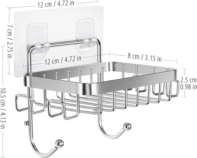 ODesign Soap Dish Holder SUS304 Stainless Steel with 6 Hooks Loofah Bath Sponge Towel Razor Holder for Bathroom Shower Kitchen Adhesive Wall Mounted No Drilling-Silver-1 Pack