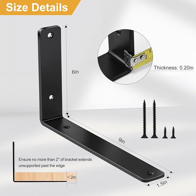 12 Pack - L 9" x H 6" x W1.5, 5mm Thick Black L Shelf Bracket, Iron Shelf Brackets, Metal Shelf Brackets, Floating Shelf, Shelf Supports with Screws