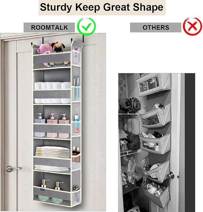 Over The Door Organizer 5-Shelves and 10 Side Pockets, Over The Door Storage for Bathroom Bedroom Nursery, Hanging Door Organizer for Baby Diapers and Kids Toys (13"x5"x44", Grey)