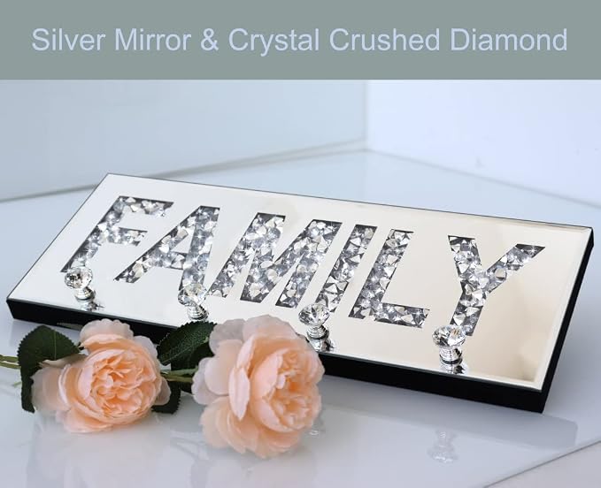 Crushed Diamond Mirrored FAMILY Letter Plaque Sign - 15" Silver Mirror Key Holder with 4 Crystal Acrylic Hooks, Wall Mounted Key Hanger for Kitchen, Great Room, Hallway-Glam Art Deco Family Rules Sign