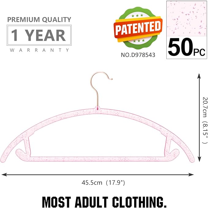 MIZGI Premium Clear Hangers (Pack of 50) Heavyduty- Pink Acrylic No Shoulder Bump Suit Hangers - Space Saving Clothes Hangers,Rounded Hanger for Coat,Sweater,Jackets,Pants