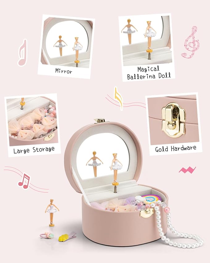 Vlando Musical Jewelry Box for Girls, Small Kid Music Box with Ballerina for Birthday Bedroom Decor, Gifts for Girls Kids - Pink